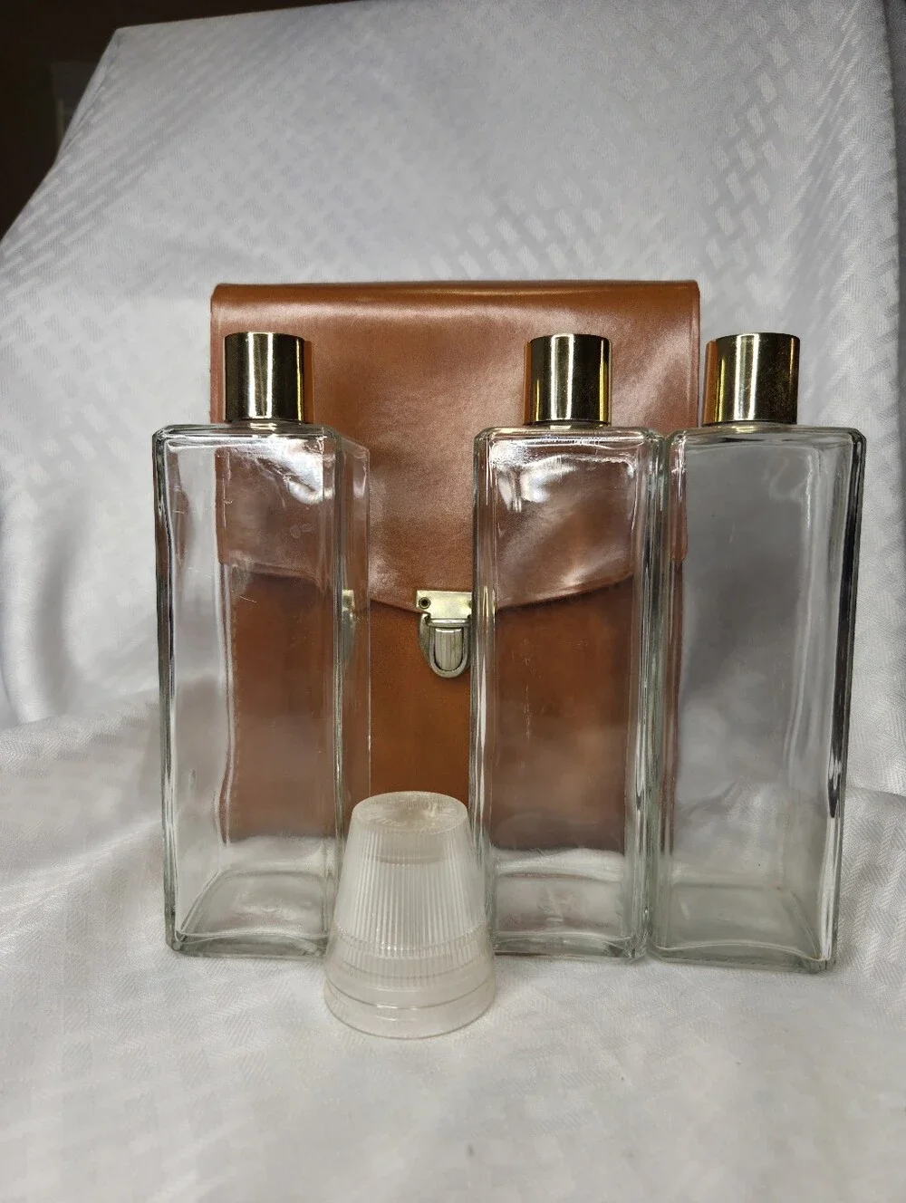 Vintage MCM Portable Bartender Leather Set 3 Glass Bottles 2 Plastic Shots